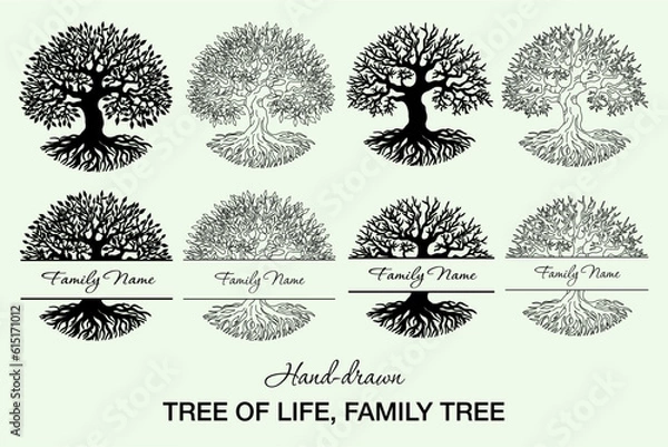 Obraz Tree of Life Vector Set, Hand-drawn Ancient Tree Clipart, Family Name Split Tree Monogram, Monochrome Tree Silhouette, Family Name Frame, Tree Frame