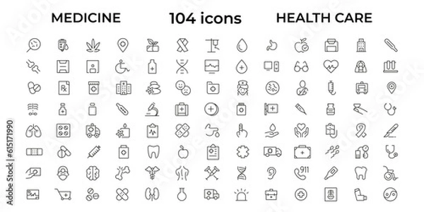 Fototapeta Medicine and Health care flat icons. minimal thin line web icon set. Outline icons collection