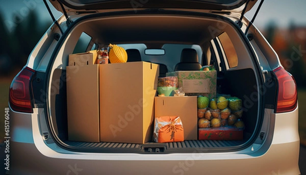 Fototapeta Stock Up and Save: Groceries Packed in the Car Trunk for Home Delivery - ai generated