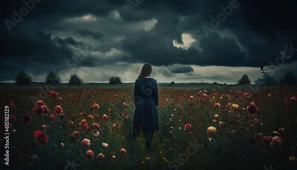 Fototapeta A solitary woman stands in the meadow, holding elegance generated by AI
