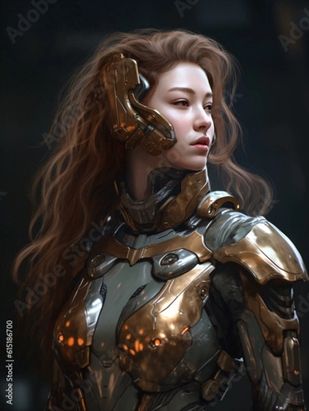 Fototapeta A woman in a futuristic gold and white mecha  Generative Ai