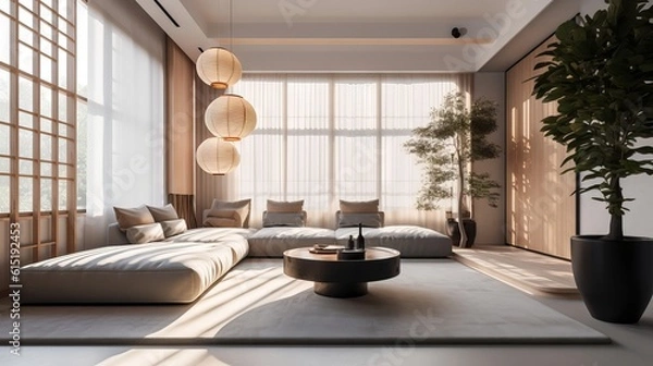 Obraz Modern living room with natural lighting. Home interior with feng shui and no people perfect for sets and backgrounds, soft lights, generative ai