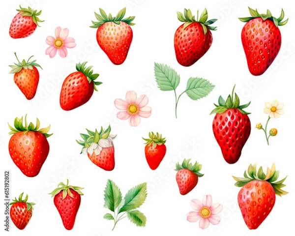Obraz Set of strawberries watercolor isolated on white background. PNG transparent background. AI Generative.
