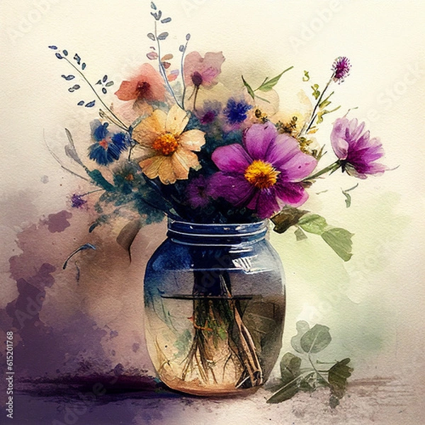 Fototapeta Watercolor Styled Flowers in Jar