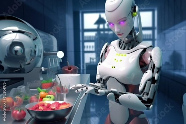 Fototapeta Beautiful humanoid android young woman, preparing tasty colored food on the futuristic white kitchen, cooking robot concept, AI Generative
