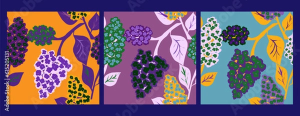 Fototapeta Lilac Flowers. Set of seamless patterns in flat style hand drawn illustration. Floral pattern. Vector collection for design, print, fabric, wallpaper, paper, etc.