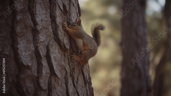 Fototapeta A squirrel escaping a predator by nimbly climbing a tree