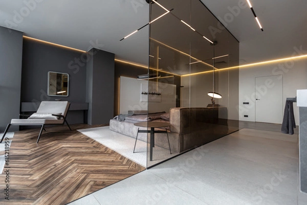 Obraz cool expensive interior design of room in prestigious luxury hotel with dark tones with modern LED lighting and stylish furniture. the area with a sink is separated by dark glass from the bedroom