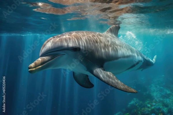 Fototapeta friendly and beautiful dolphin swimming through the oceans, , beautiful background, ocean floor, ai generated.