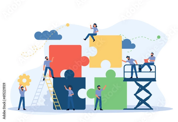 Fototapeta Business team work building puzzle concept vector illustration. People partnership man and woman challenge marketing corporate goal. Jigsaw piece cooperation character. Office banner unity part object
