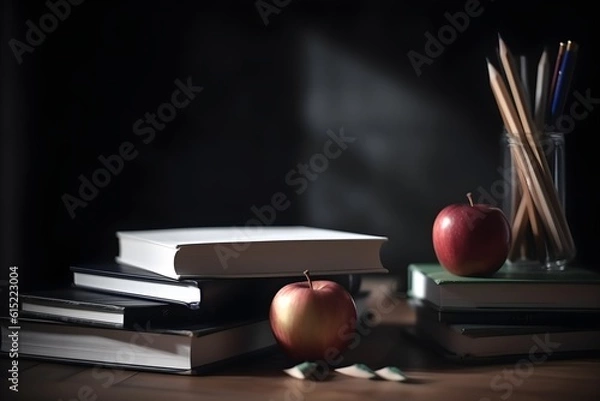 Fototapeta Stack of books and apple on table