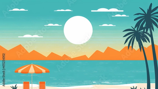 Fototapeta Beautiful minimalistic and colorful flat illustration of a beach with an umbrella
