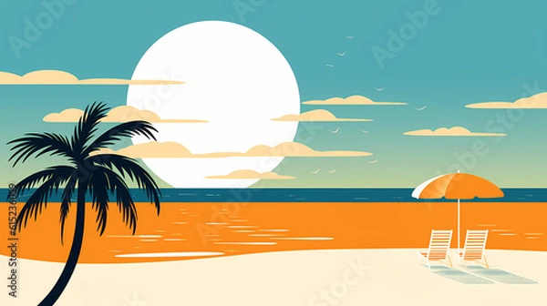 Fototapeta Beautiful minimalistic and colorful flat illustration of a beach with an umbrella
