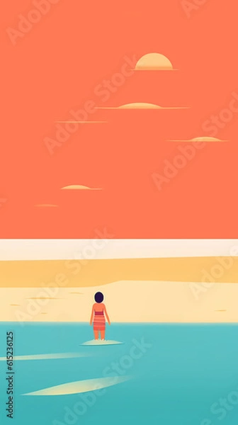Fototapeta Beautiful minimalistic and colorful flat illustration of a person relaxing on a beach