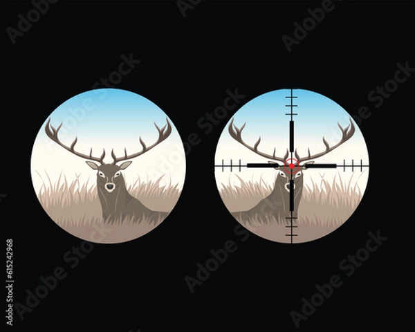 Fototapeta illustration of a meadow landscape in the shape of a round shape with an animal similar to a deer with dark brown horns looking towards the front and next to it there is a sign for the size of a rifle