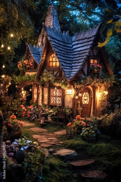 Obraz Miniature fairy house, night, resin decor, miniature model making, vertical. Generative AI