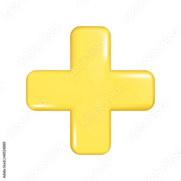 Fototapeta Realistic 3d yellow plus sign. Decorative arithmetic 3d element, education maths icon, mathematical or medical symbol. Abstract vector illustration isolated on a white background