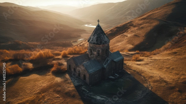 Obraz Aerial view of Gergeti trinity church at sunrise in Georgia. Generative AI