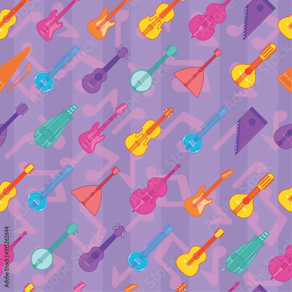 Fototapeta Colored seamless pattern background with musical instruments Vector illustration