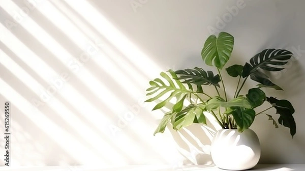 Fototapeta Minimalistic light background with plants on a white wall. Beautiful background for presentation with a smooth floor.