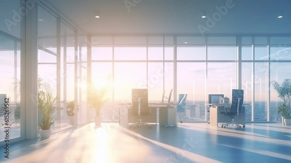 Fototapeta Beautiful blurred background of a light modern office interior with panoramic windows and beautiful lighting.