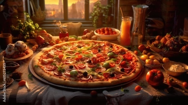 Fototapeta Pizza at the table of In Restaurant generative ai