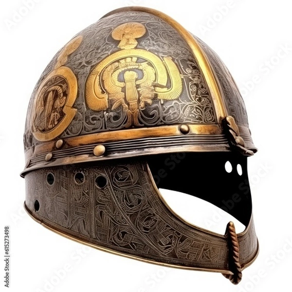 Fototapeta Beautiful decorated medieval plate helmet isolated on white background. Generative AI illustration.