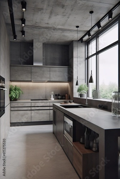 Obraz Black modern kitchen in a loft with a concrete wall. Industrial, concrete or loft Style. created with Generative AI