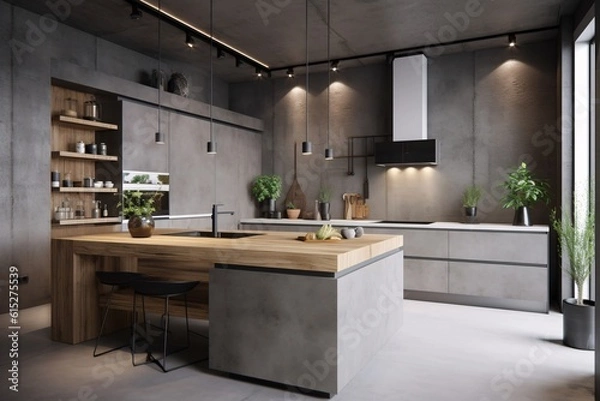 Obraz Interior of modern kitchen with gray walls, concrete floor, gray countertops and wooden cupboards. Industrial, concrete or loft Style. created with Generative AI