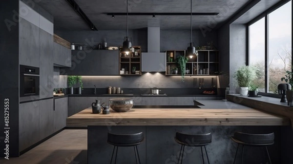 Obraz Black modern kitchen in a loft with a beautiful design. Industrial, concrete or loft Style. created with Generative AI