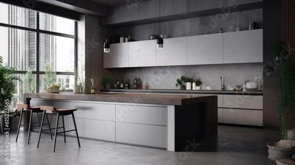 Obraz Modern kitchen with concrete floor and gray countertops. Industrial, concrete or loft Style. created with Generative AI