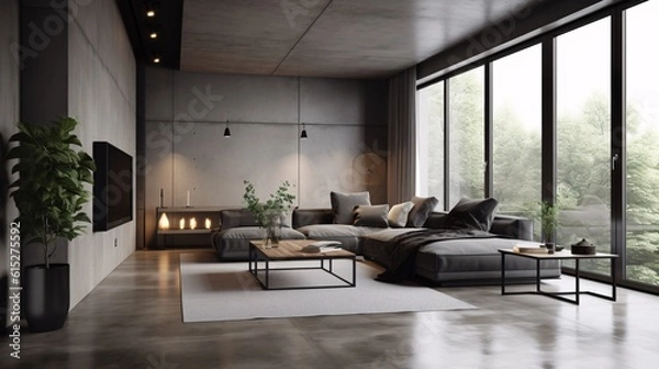Fototapeta Interior of modern living room with grey walls, concrete floor, gray sofa and coffee table. Industrial, concrete or loft Style. created with Generative AI