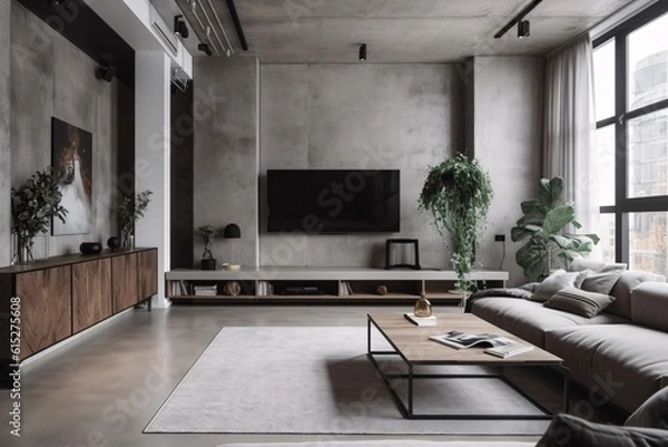 Obraz Modern living room interior with sofa, TV and plants. Industrial, concrete or loft Style. created with Generative AI
