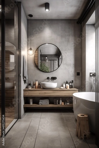 Obraz Interior of modern bathroom with gray walls, concrete floor, comfortable bathtub and round mirror. Industrial, concrete or loft Style. created with Generative AI