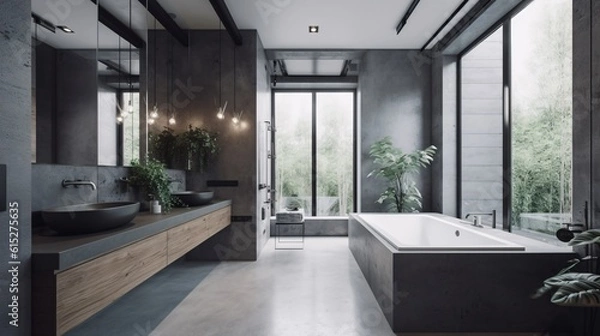 Fototapeta Interior of modern bathroom with black and wooden walls, concrete floor, comfortable bathtub and double sink. Industrial, concrete or loft Style. created with Generative AI