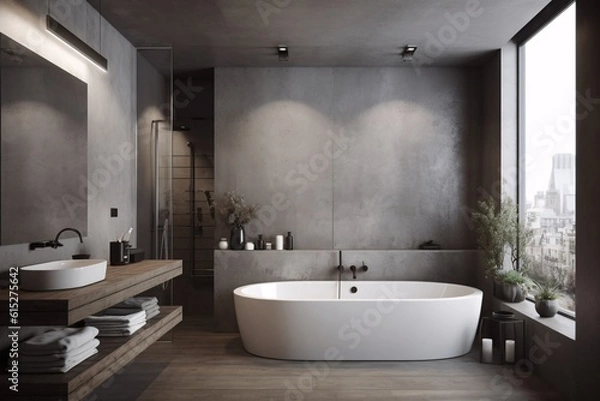 Fototapeta Interior of modern bathroom with concrete walls, wooden floor, comfortable white bathtub standing on it. Industrial, concrete or loft Style. created with Generative AI