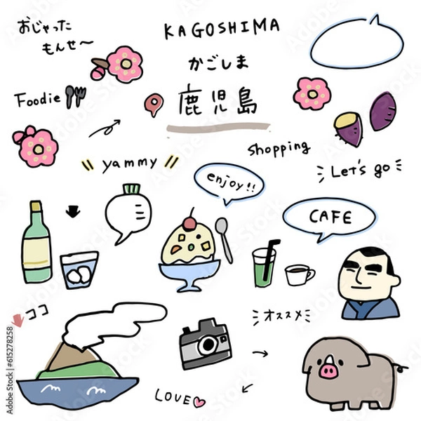 Obraz 鹿児島の手描きのアイコンセット
