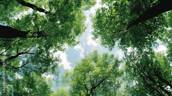 Fototapeta Trees in forest from below, green tops of trees, blue sky background