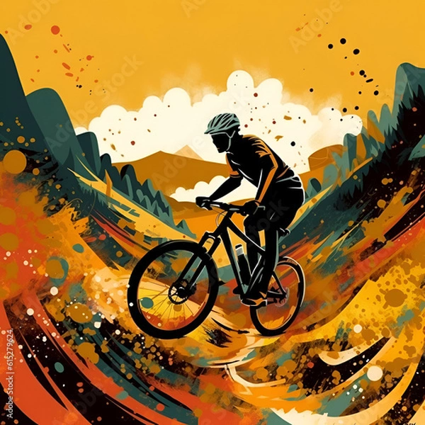 Fototapeta Mountain bike in an orange landscape, BMX, sport, summer, adventure, nature