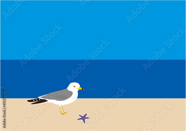 Fototapeta 青空の浜辺にいる一羽のウミネコのイラスト