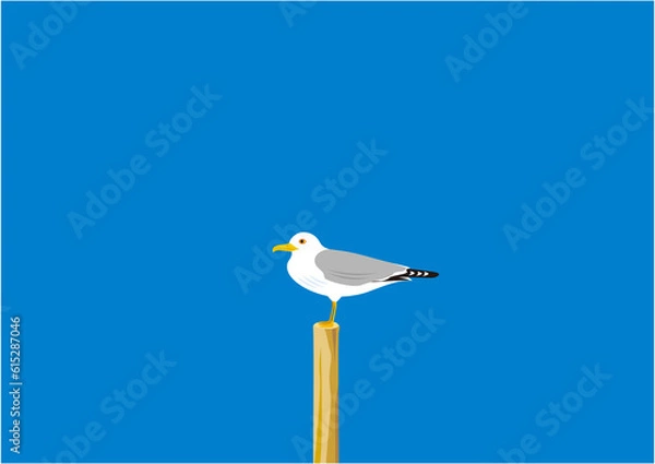Obraz 青空の下、杭に止まっている一羽のカモメのイラスト