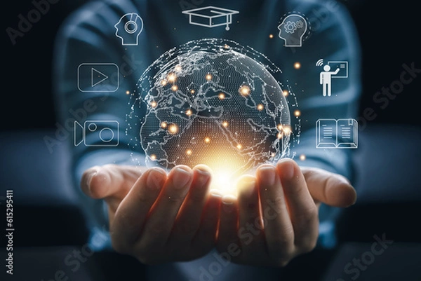 Fototapeta Human hold global technology internet learning and study online class technology network, e-learning, online education, education, training, tutor, video lesson, course, knowledge in homeschool