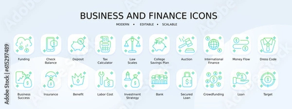 Obraz Business and finance icon collection with blue and green gradient outline style. interface, isolated, investment, stroke, lined, infographic, graph. Vector Illustration