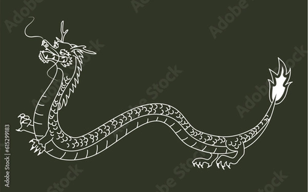 Fototapeta 白いラインのかっこいい龍のベクターイラスト　カーキ色背景