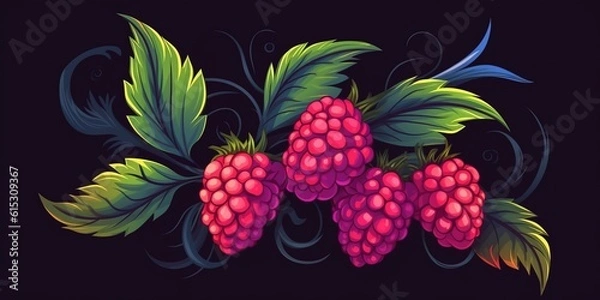Obraz Fresh Organic Loganberry Berry On Dark Background, Horizontal Trendy Illustration. Healthy Vegetarian Diet. Ai Generated Bright Trendy Illustration with Delicious Juicy Loganberry Berry.