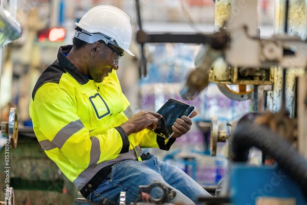 Fototapeta With expertise and caution, the American male engineer, in a helmet and vest, utilizes a tablet to monitor and maintain the machine at the industrial plant.