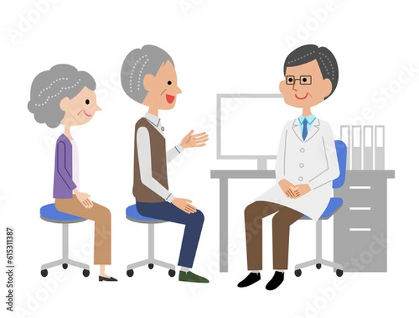 Fototapeta 診察室で男性医師に説明するシニア夫婦