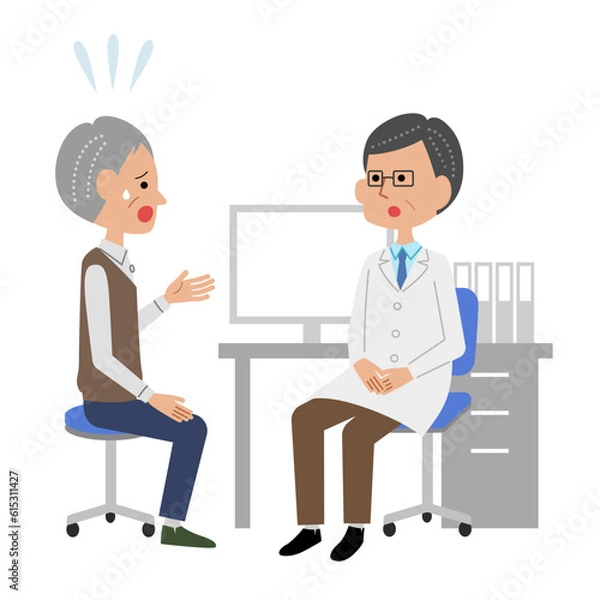 Fototapeta 診察室で男性医師に不安を話すシニア男性