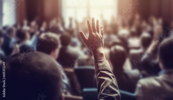 Fototapeta  hand raising with blur crowd people.discuss suggestion concepts or voting in  council meeting.cooperation of democracy.generative ai technology