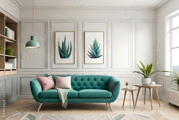 Fototapeta Aloe in pink pot on wooden table in pastel apartment interior with plants and armchair beside sofa with pillows